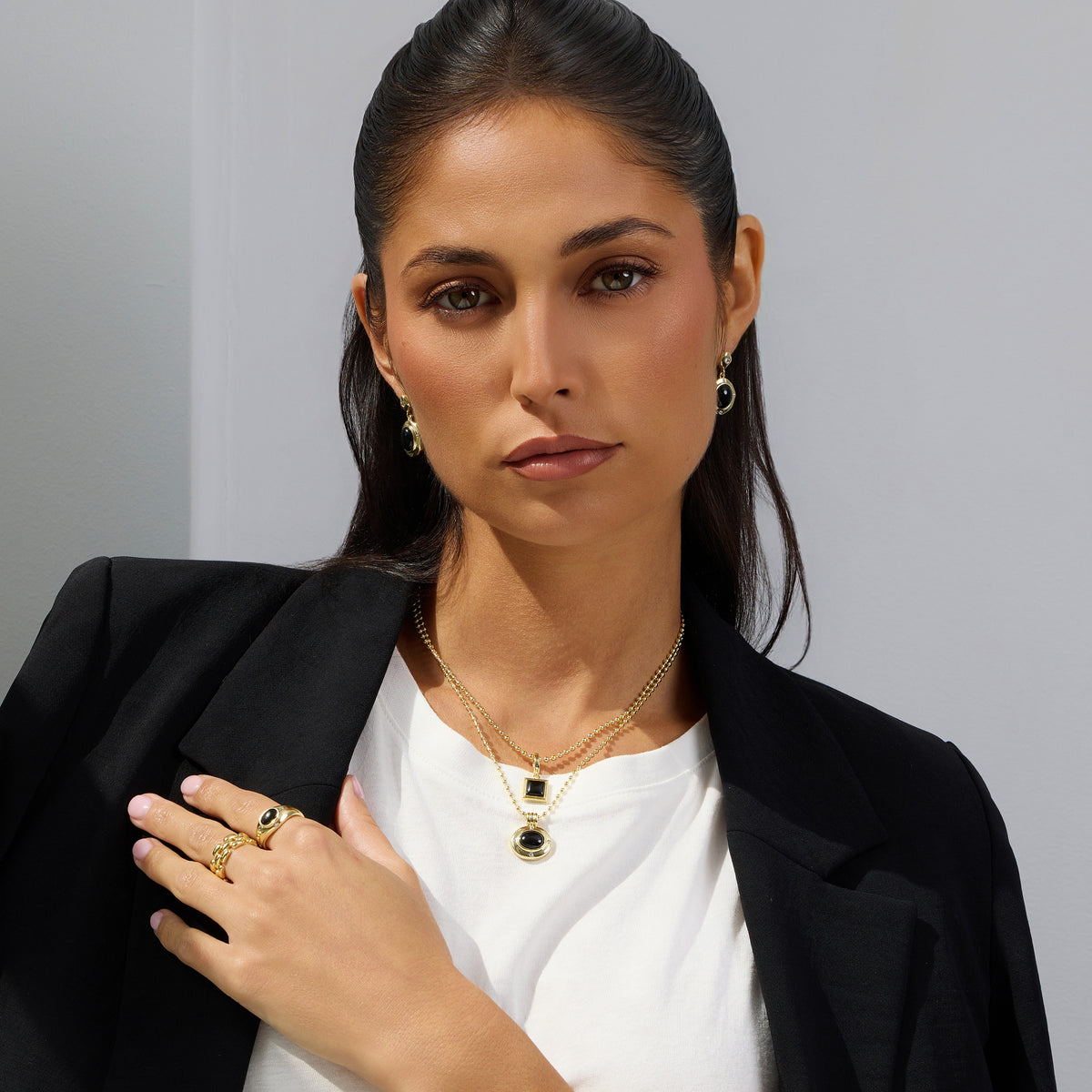 Gilded Halo Onyx Bezel Pendant Necklace