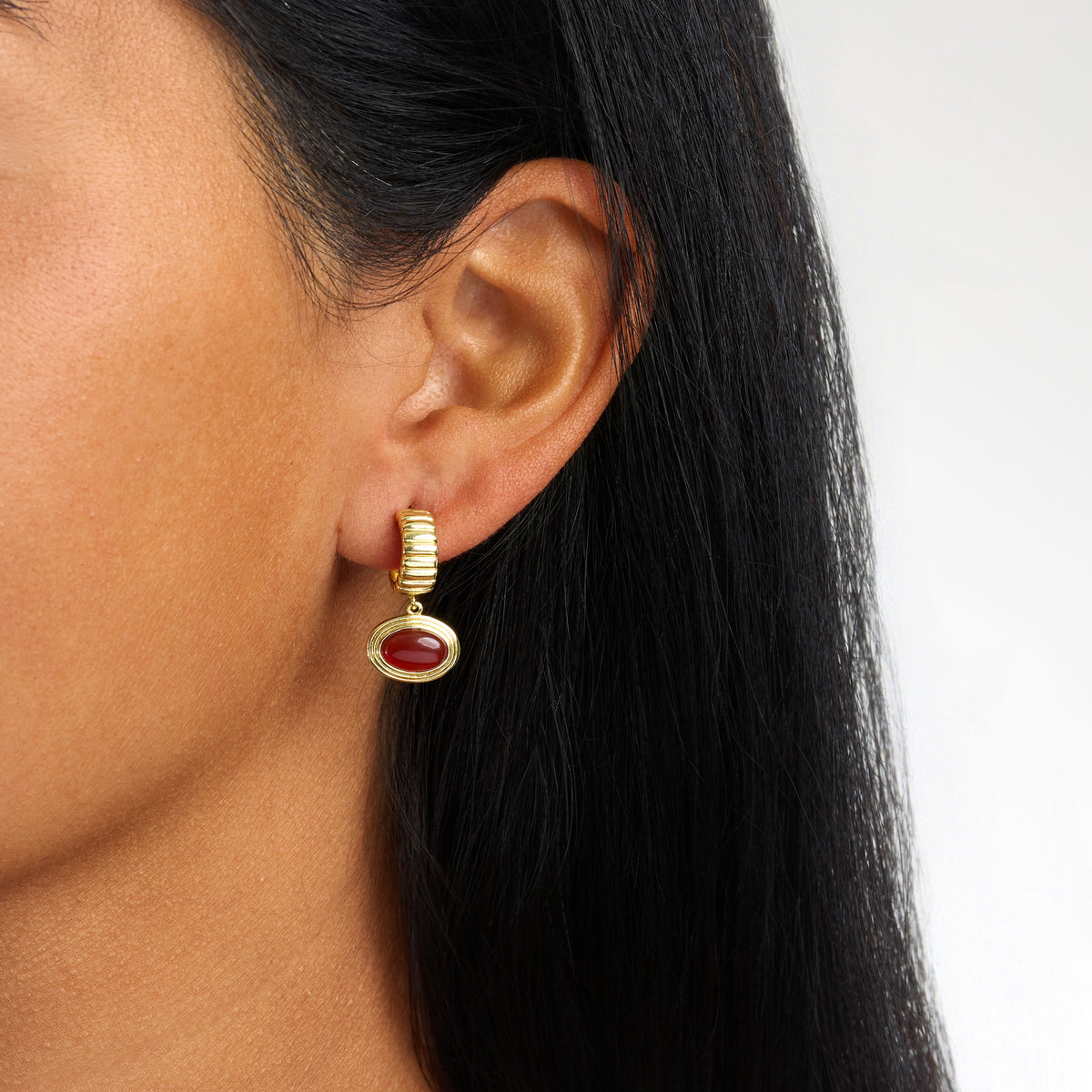 Carmine Red Agate Oval Huggie Earrings