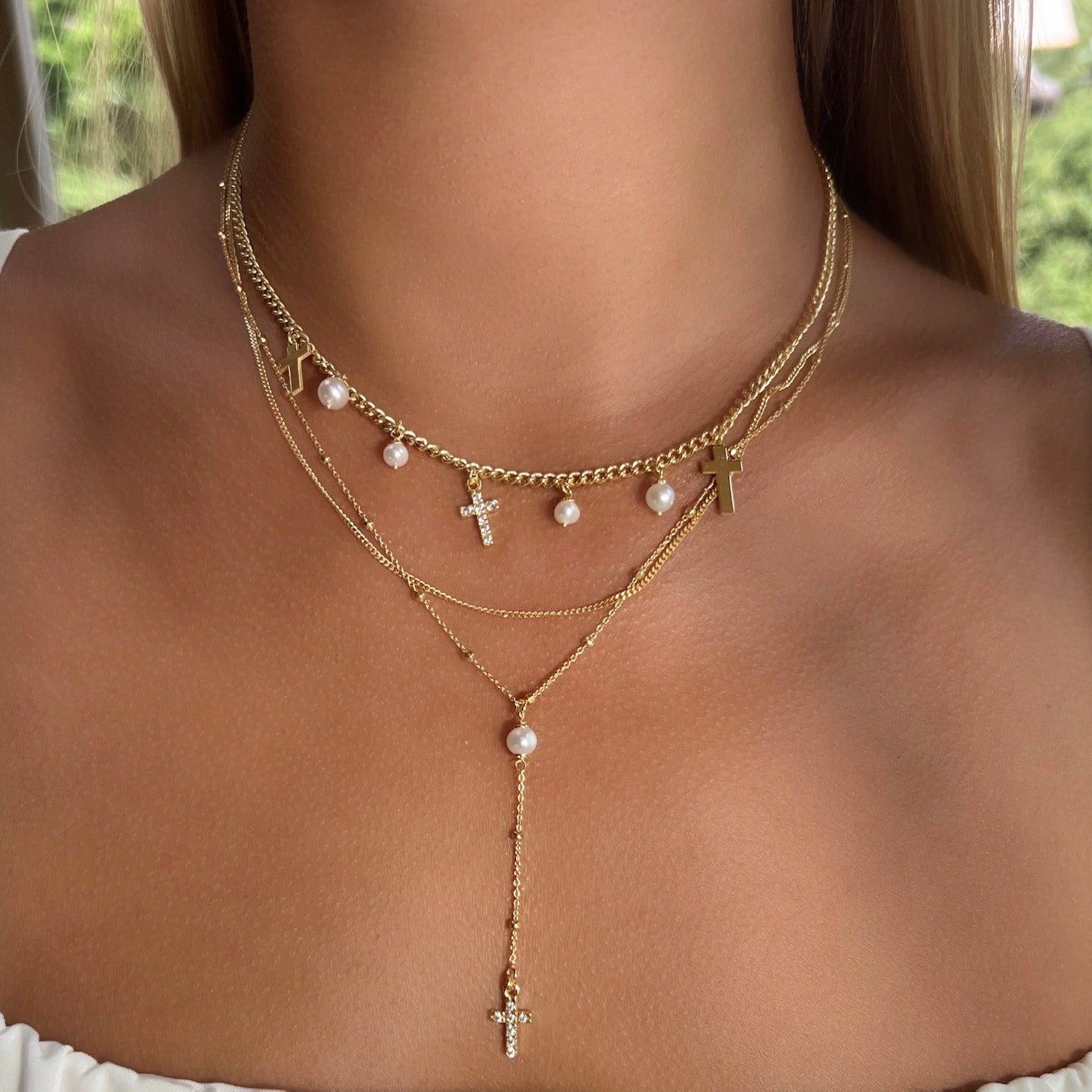 Mirabel Pearl and Cross Charm Necklace