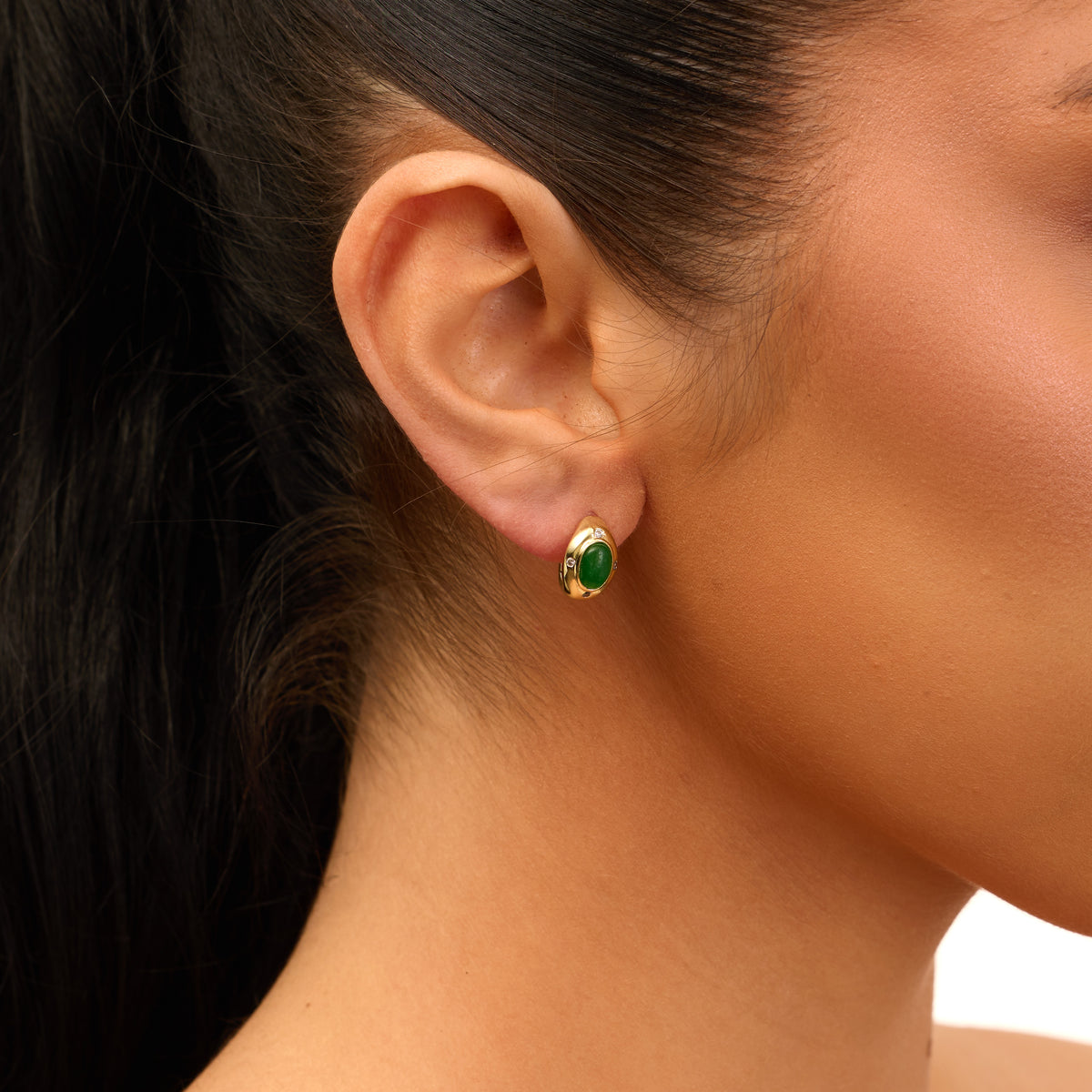 Azura Green Agate Oval Bezel Huggie Earrings